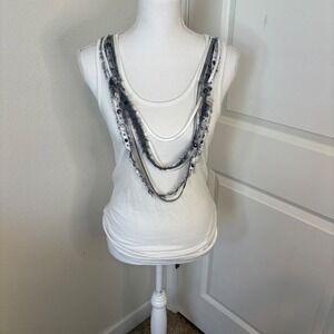Jodi Arnold for The Limited White Embellished Tank Top Faux Fur Beaded Med Y2K